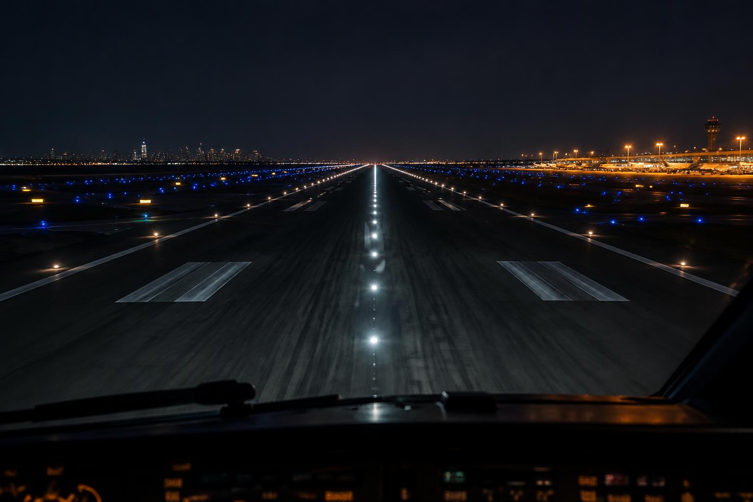 Runway lights at night viewed from an aircraft cockpit